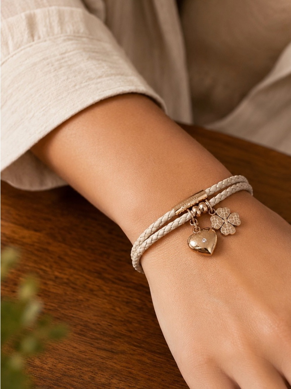 Folli Follie Braided Cream Double-Wrap Bracelet with Gold Heart & Clover Charms